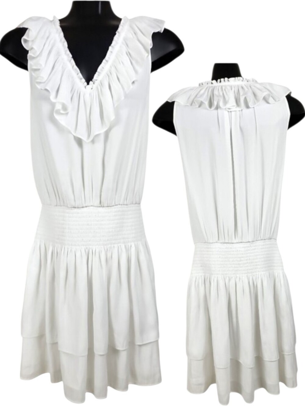 Ramy Brook Womens Ruffle V Neck Smocked Tiered Drop Waist White Mini Dress S